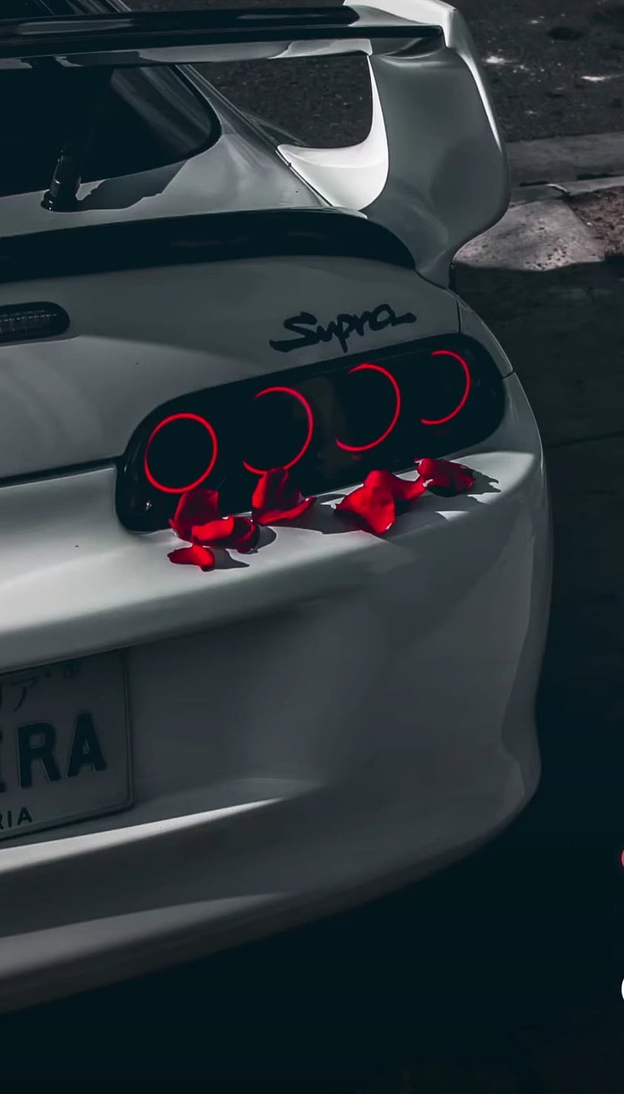 White Toyota Supra Rear View With Red Rose Petals And Glowing Tail Lights HD phone wallpaper