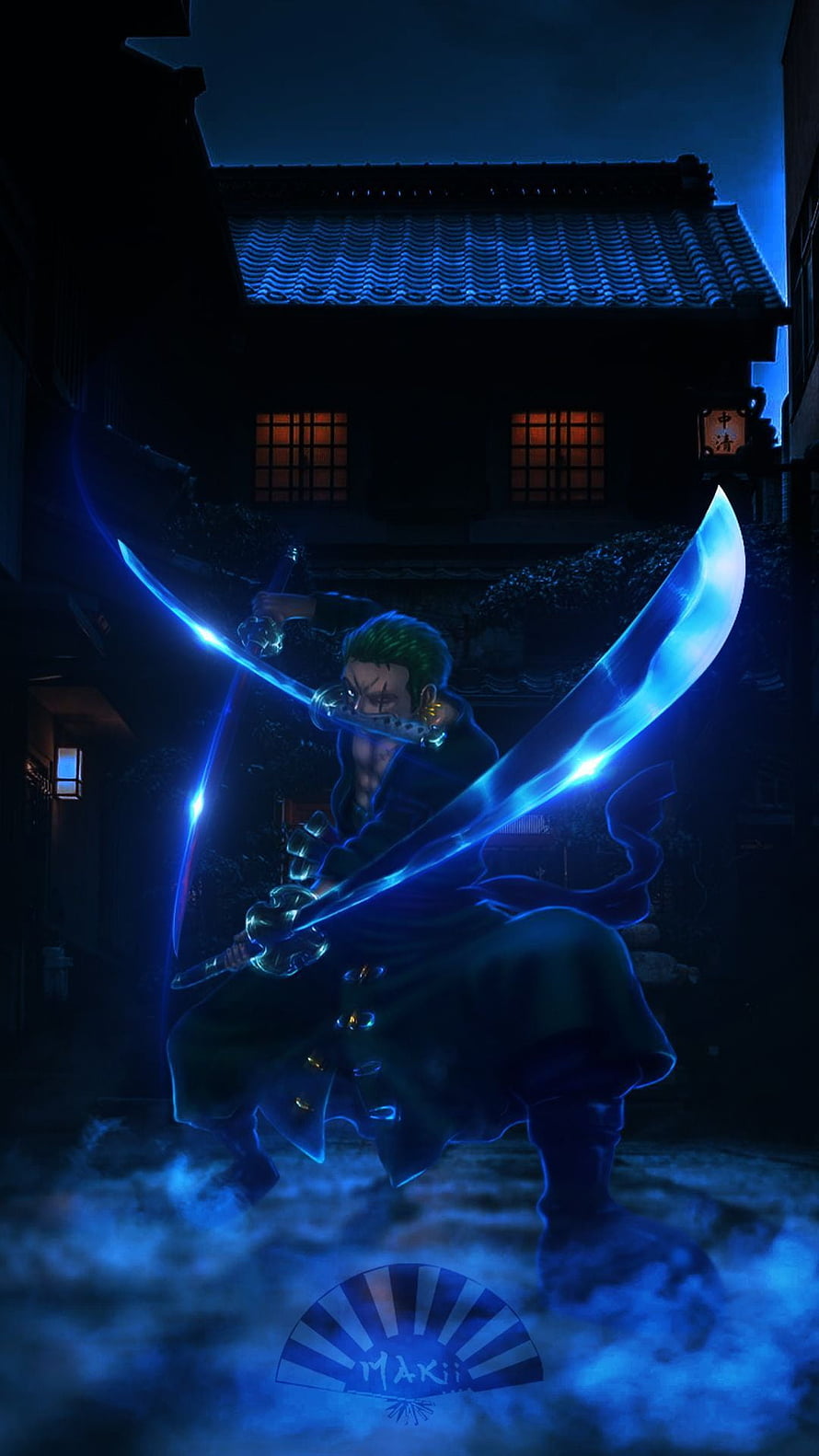 Roronoa Zoro wielding glowing blue swords in a dark traditional Japanese street at night HD phone wallpaper