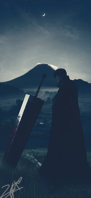 Guts from Berserk Standing Beside a Massive Sword Under a Crescent Moon and Mountain HD phone wallpaper