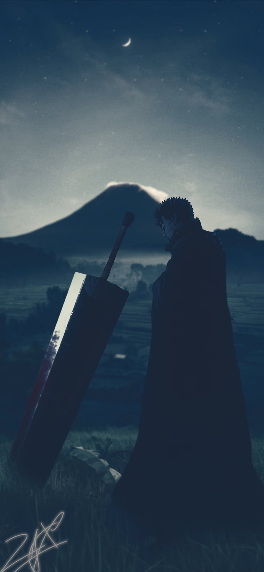 Guts from Berserk Standing Beside a Massive Sword Under a Crescent Moon and Mountain HD phone wallpaper