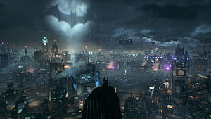 Batman overlooking Gotham City skyline with Bat-Signal in rainy night sky, Gotham City, Batman Gotham City HD wallpaper