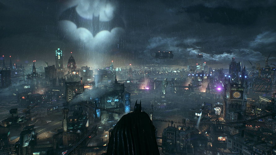 Batman overlooking Gotham City skyline with Bat-Signal in rainy night sky, Gotham City, Batman Gotham City HD wallpaper