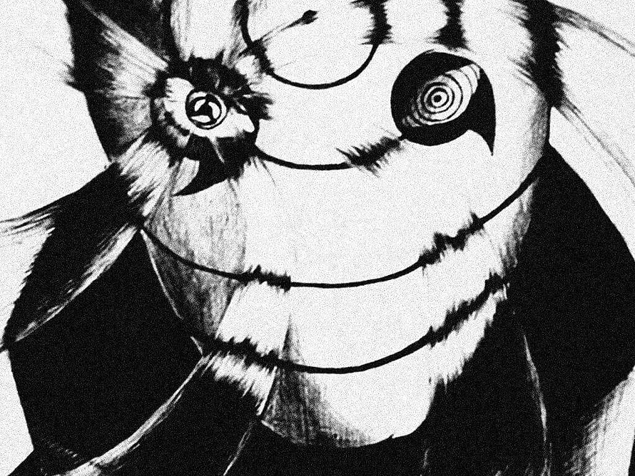 Black and White Anime Character With Spiral Eyes And Stitched Smile HD wallpaper