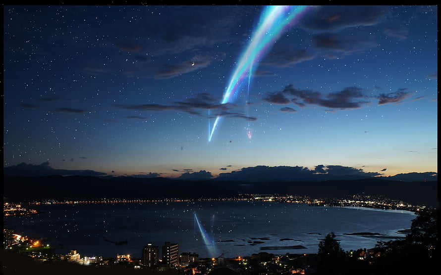 Stunning Night Sky Photography Featuring a Bright Meteor Streaking Over a Coastal Cityscape HD wallpaper