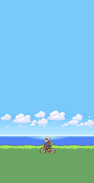 Pixel Art Pokemon Emerald Hoenn Region Cyclist Riding Along the Coastline Under a Clear Blue Sky HD phone wallpaper