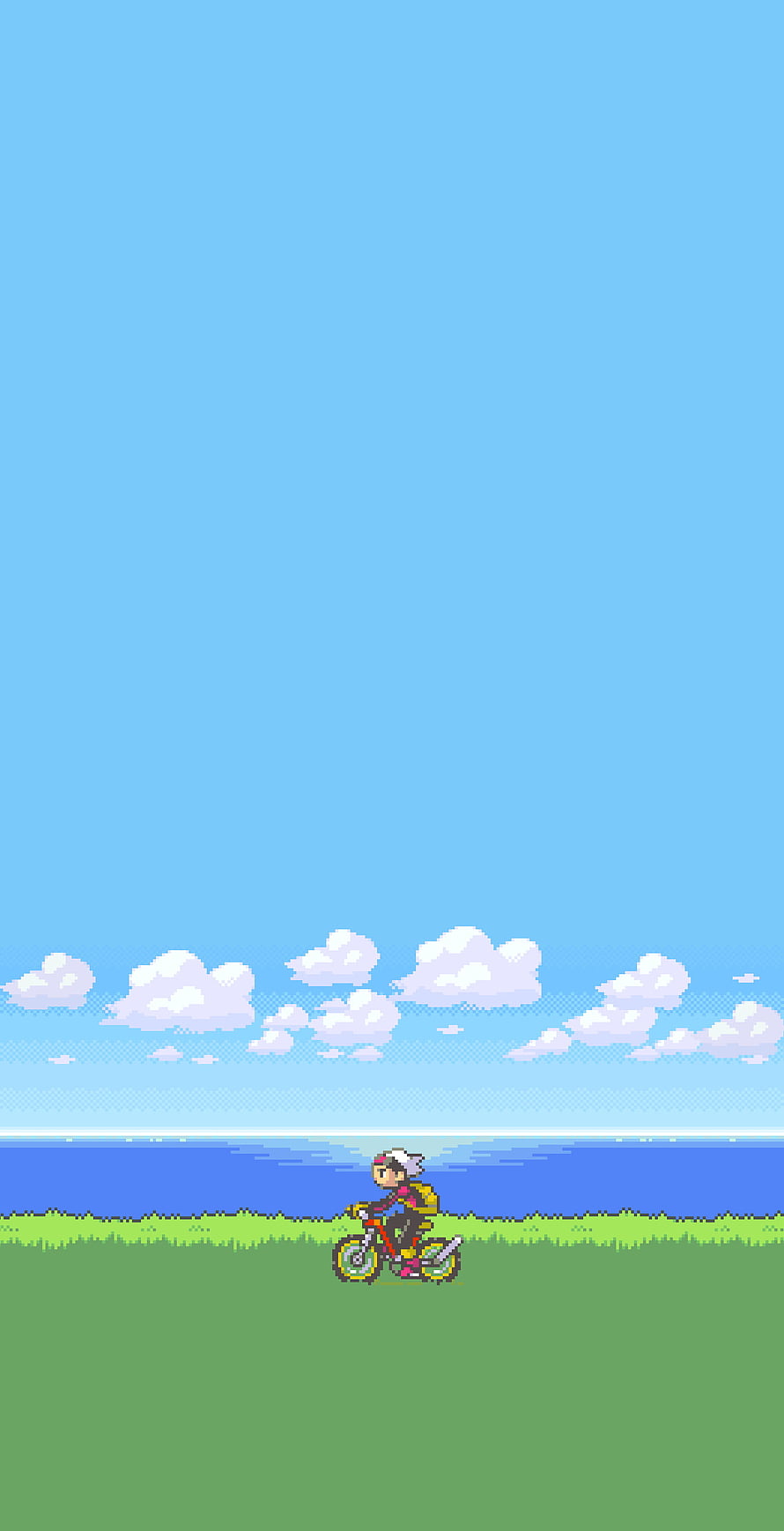 Pixel Art Pokemon Emerald Hoenn Region Cyclist Riding Along the Coastline Under a Clear Blue Sky HD phone wallpaper