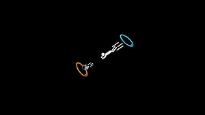 Minimalist Portal Game Artwork Featuring Glitchy Character and Neon Rings on Black Background HD wallpaper