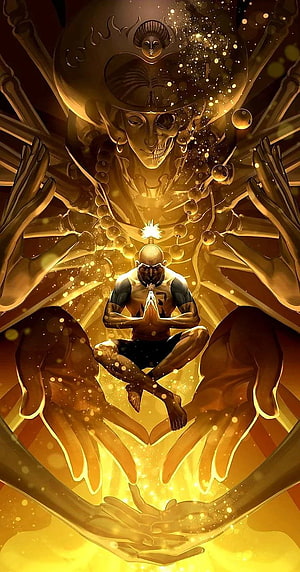 Netero Meditating in Golden Aura with Skeleton Guardian from Hunter x Hunter HD phone wallpaper