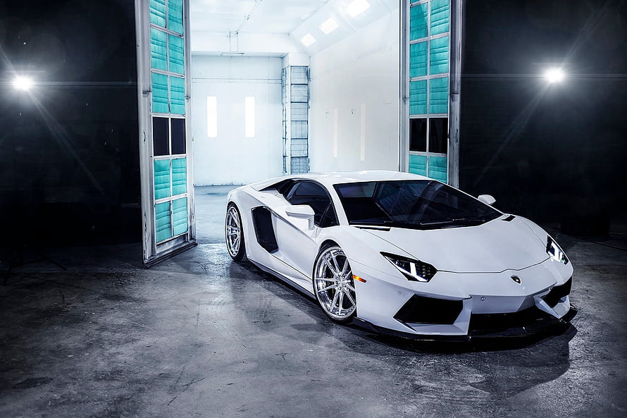 White Lamborghini Aventador Super Sport Parked in Industrial Garage HD wallpaper