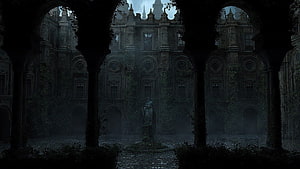 Gothic Stone Courtyard with Arched Columns and Misty Atmosphere HD wallpaper