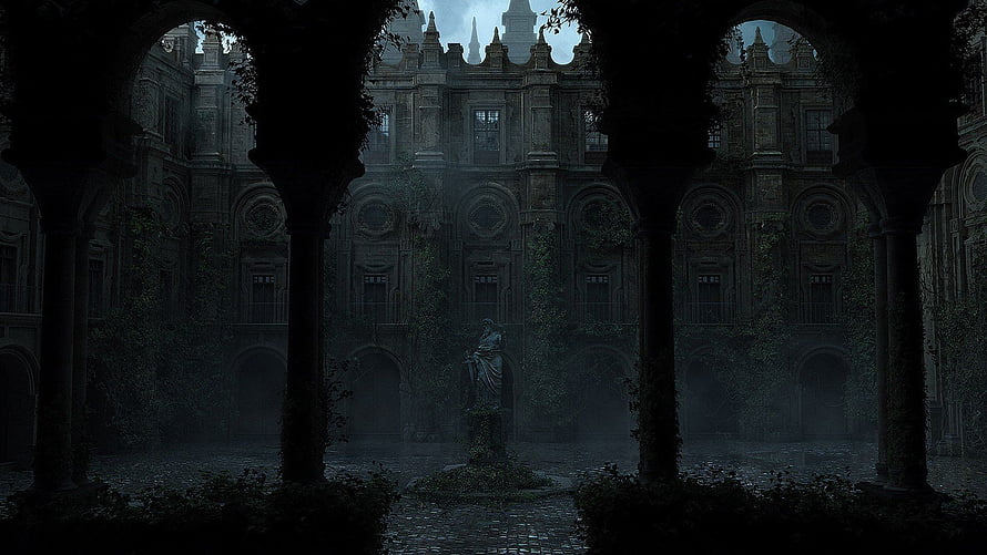 Gothic Stone Courtyard with Arched Columns and Misty Atmosphere HD wallpaper