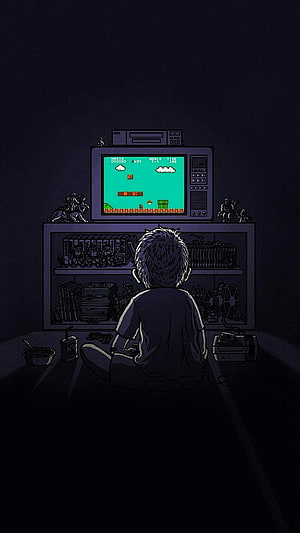 Boy Playing Super Mario Bros on Retro TV in Dark Room HD phone wallpaper