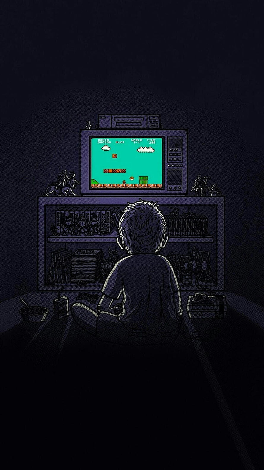 Boy Playing Super Mario Bros on Retro TV in Dark Room HD phone wallpaper