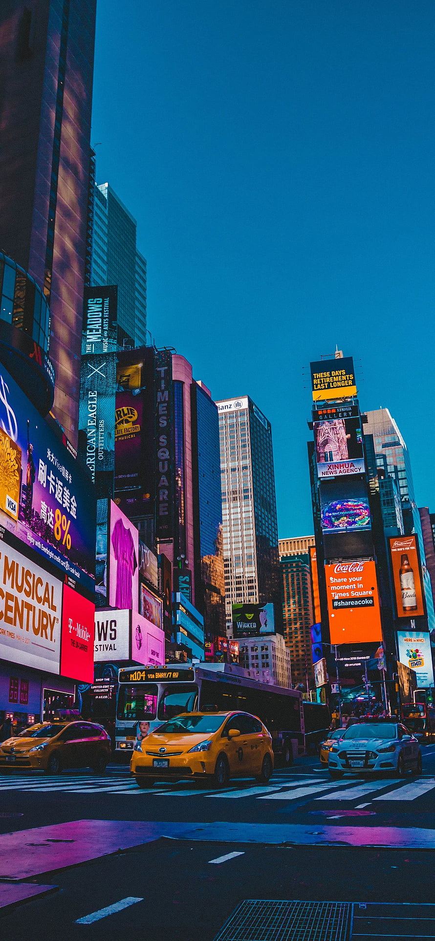 Vibrant Times Square New York City Street Scene with Yellow Taxis and Neon Billboards HD phone wallpaper