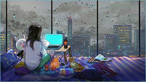 Anime Girl Relaxing In Bedroom With Laptop And Cat On Rainy Night City View HD wallpaper
