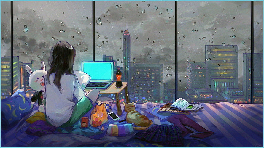 Anime Girl Relaxing In Bedroom With Laptop And Cat On Rainy Night City View HD wallpaper
