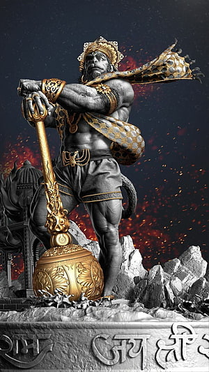 Statue of Hanuman holding golden mace with ornate jewelry and fiery background, Jai Shri Ram Ji, Jai Hanuman Ji - 3D . 20 July 2021, Hanuman Art HD phone wallpaper