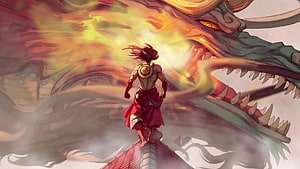 Anime warrior facing giant dragon breathing fire on rooftop HD wallpaper