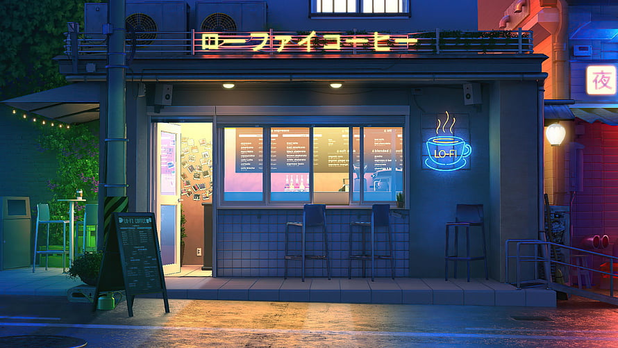 Cozy Lo-Fi Coffee Shop at Night with Neon Sign and Warm Interior Lighting HD wallpaper