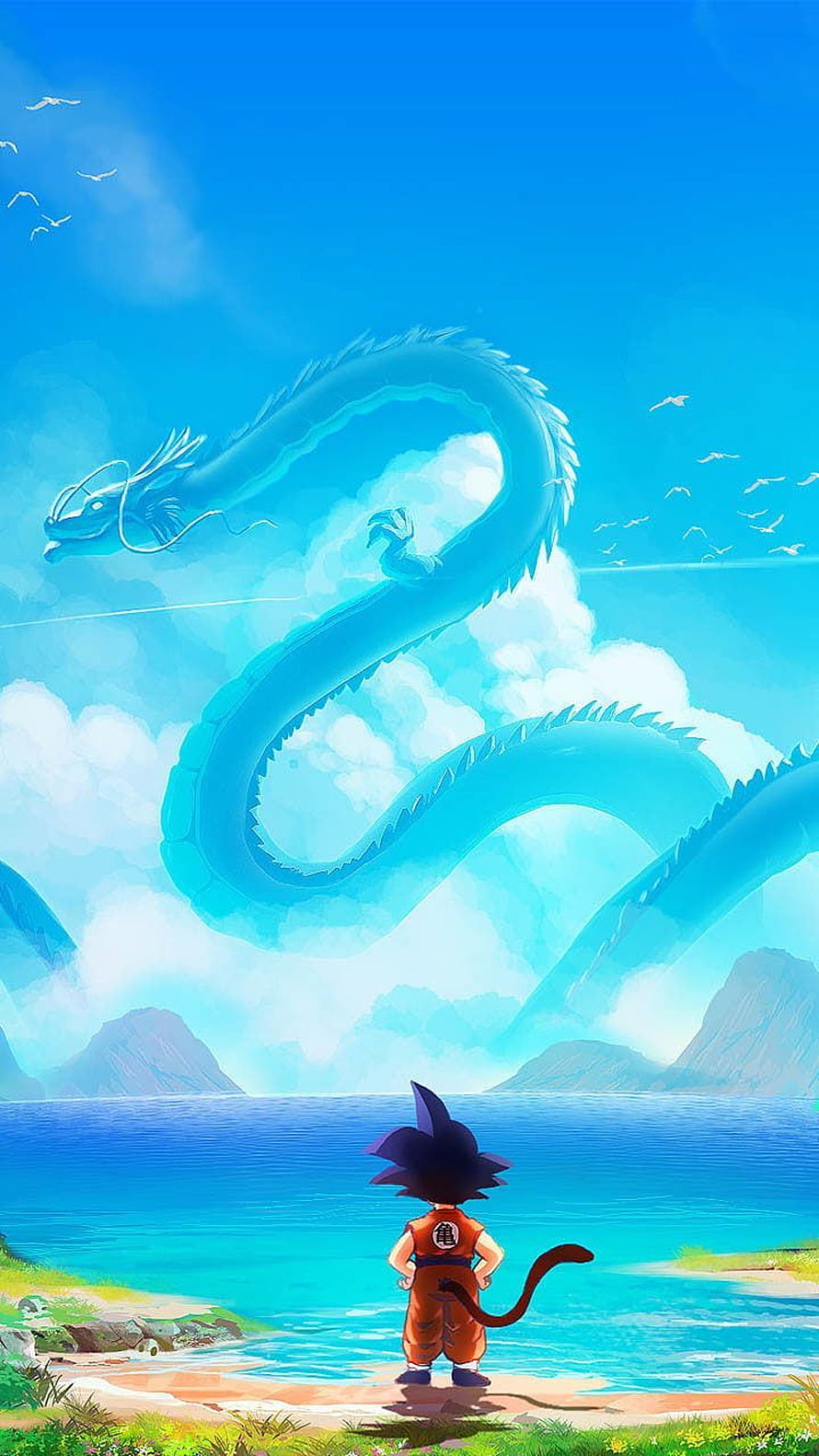 Goku Stands on Beach Gazing at Giant Shenron Dragon in Blue Sky HD phone wallpaper