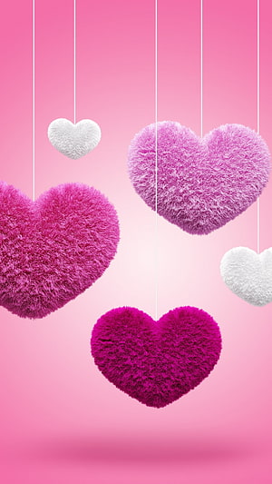 Fluffy Fuzzy Hearts Hanging on Strings Against a Soft Pink Gradient Background HD phone wallpaper