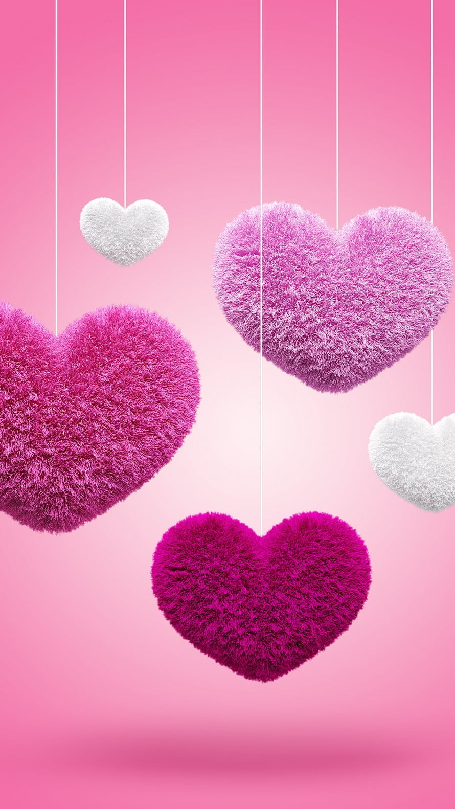 Fluffy Fuzzy Hearts Hanging on Strings Against a Soft Pink Gradient Background HD phone wallpaper