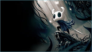 Hollow Knight character standing on a stone pillar in a dark cavern with a glowing light beam HD wallpaper