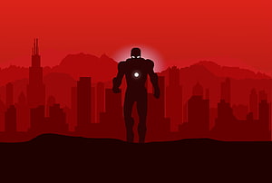 Iron Man Silhouette Against Red City Skyline Minimalist Marvel Art, Marvel, Iron man, minimalist HD wallpaper