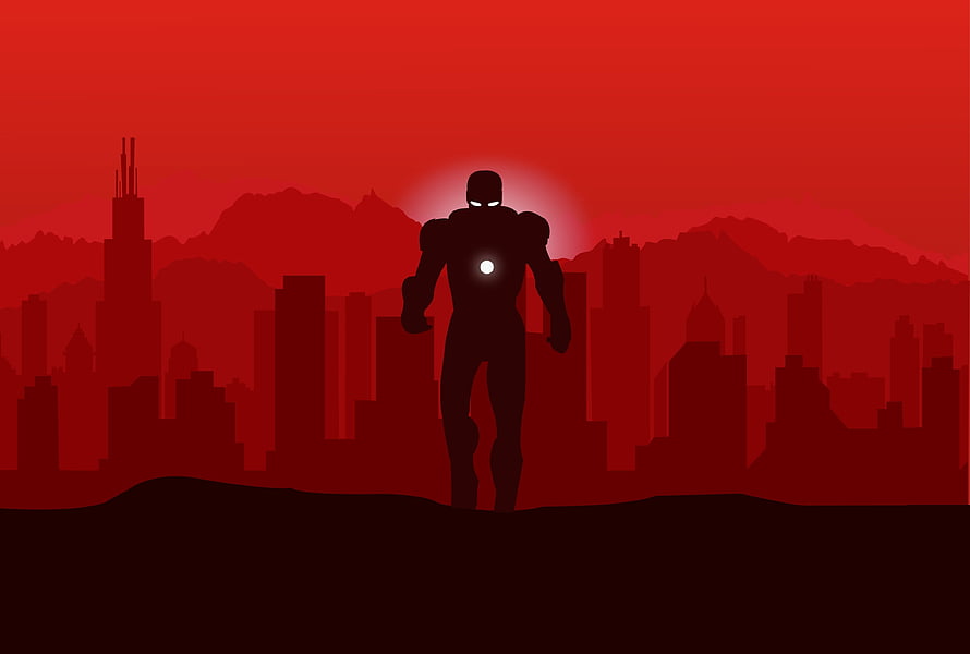 Iron Man Silhouette Against Red City Skyline Minimalist Marvel Art, Marvel, Iron man, minimalist HD wallpaper