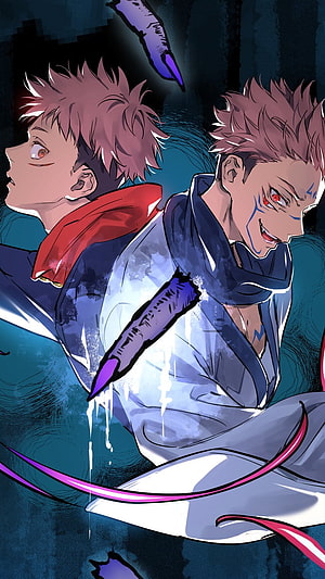 Anime Style Illustration of Two Male Characters with Red Eyes and Spiky Hair in Dark Blue Setting HD phone wallpaper