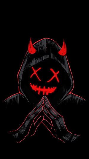 Dark Hooded Demon Figure With Glowing Red X Eyes And Stitches HD phone wallpaper