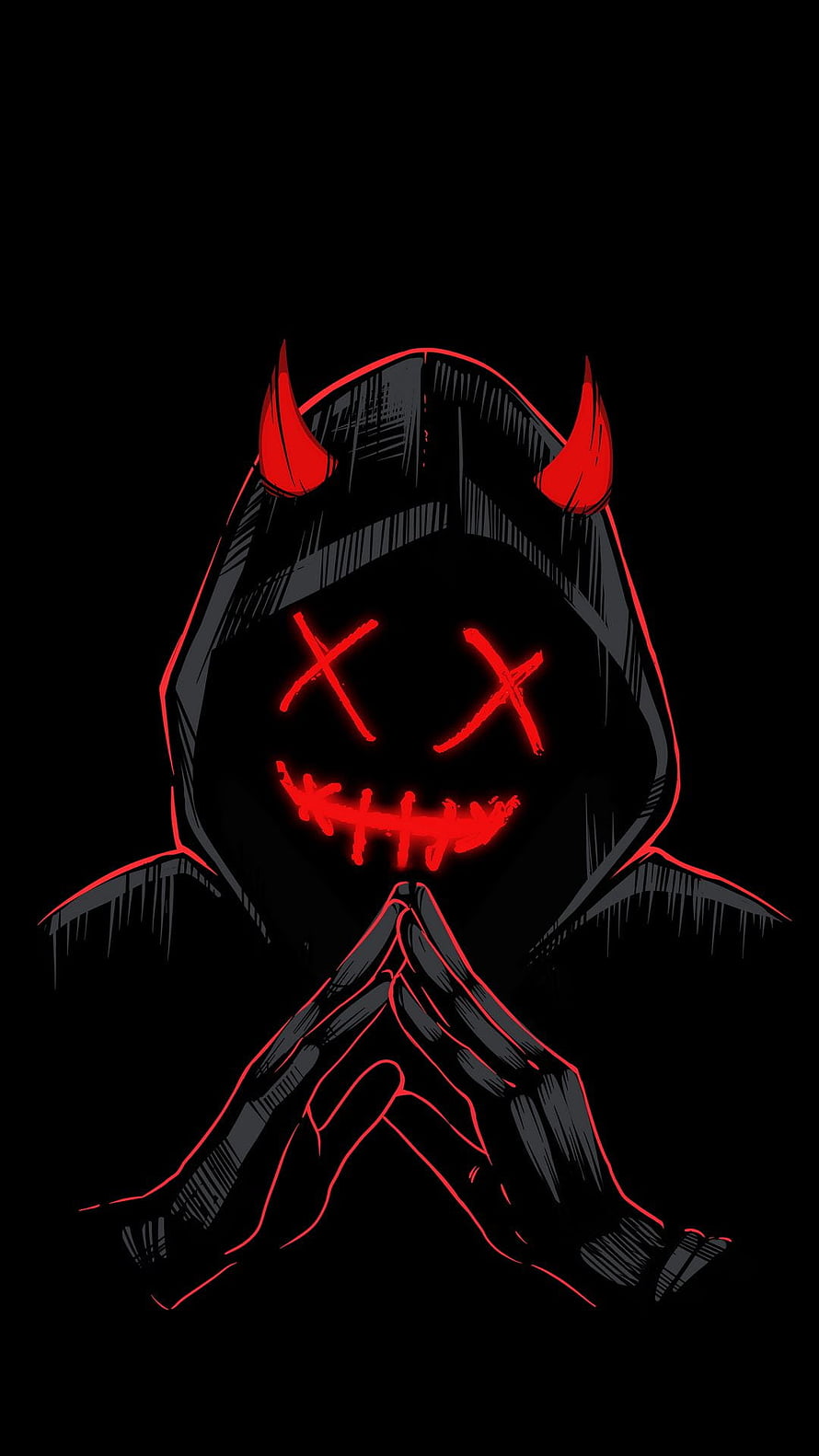 Dark Hooded Demon Figure With Glowing Red X Eyes And Stitches HD phone wallpaper