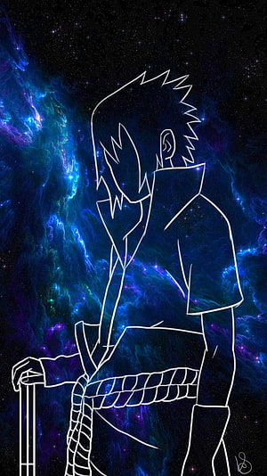 White Line Art Anime Character Outline Against Blue Purple Galaxy Space Background HD phone wallpaper