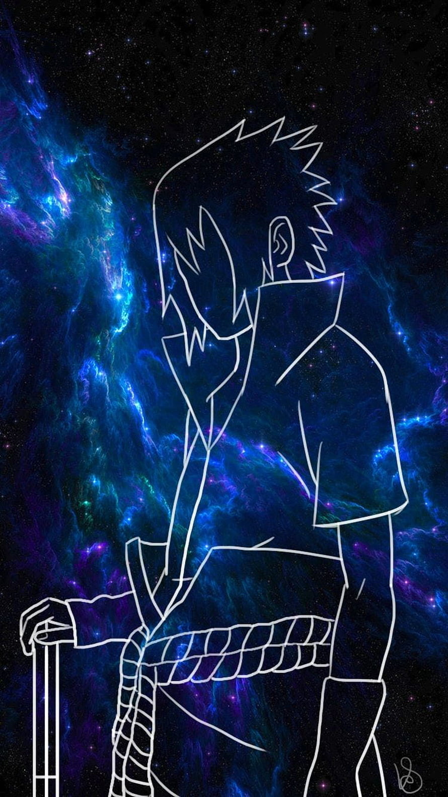 White Line Art Anime Character Outline Against Blue Purple Galaxy Space Background HD phone wallpaper