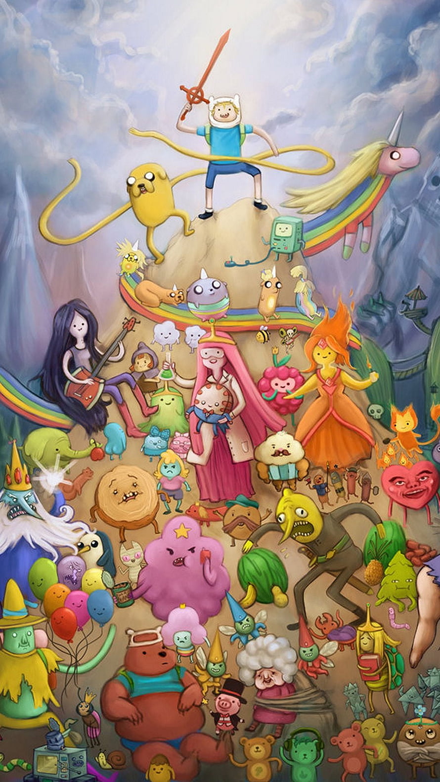 Adventure Time Character Ensemble Illustration Featuring Finn, Jake, and Princess Bubblegum HD phone wallpaper