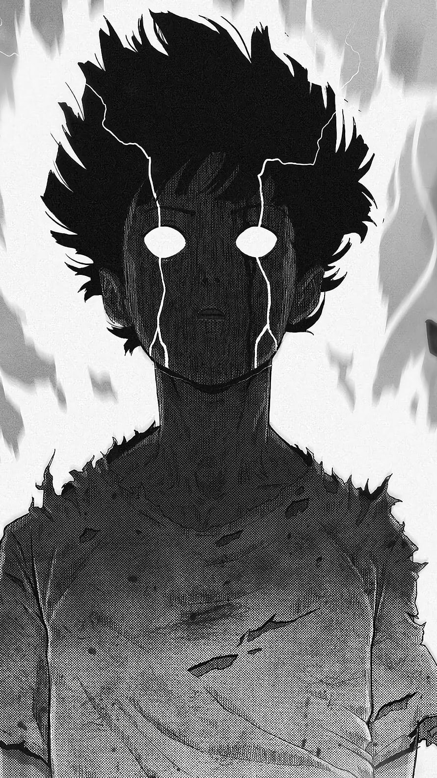 Manga Character With Glowing White Eyes And Tattered Shirt, Shigeo Kageyama Rage Mob Psycho 100, Anime Rage HD phone wallpaper