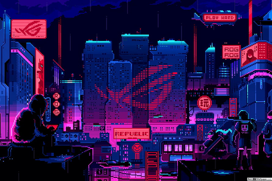 Pixel Art Cyberpunk Cityscape with Neon Signs and Rainy Night Atmosphere HD wallpaper