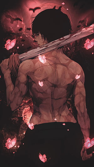 Jujutsu Kaisen Dark Anime Illustration of a Muscular Male Warrior Carrying a Katana with Glowing Pink Butterflies HD phone wallpaper
