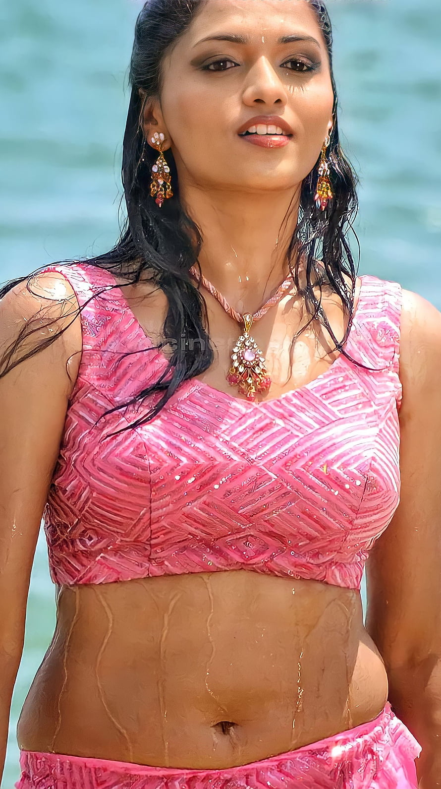 Woman in Pink Sequined Crop Top and Jewelry by the Sea, Sunaina, navel, tamil actress, beach HD phone wallpaper