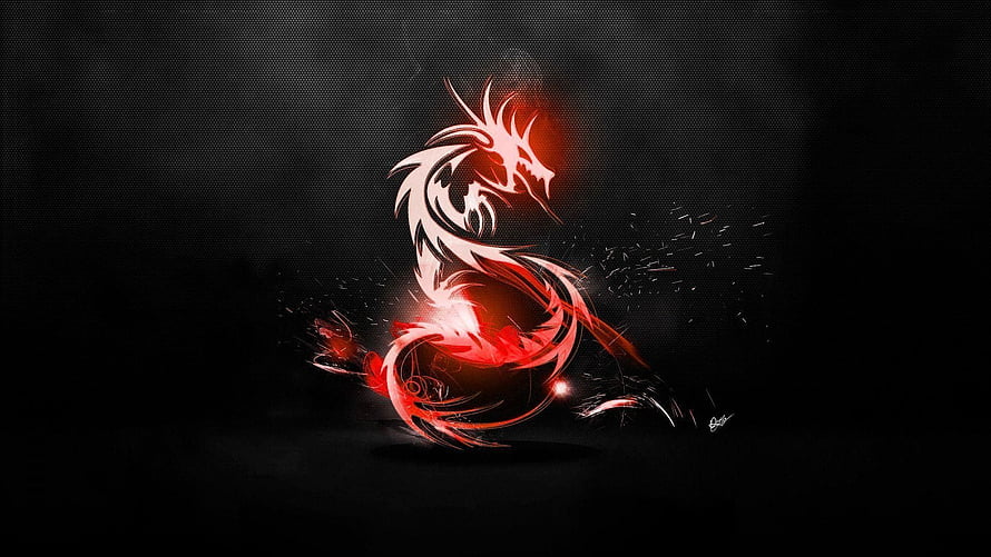 Stylized Red and White Dragon Illustration on Dark Background HD wallpaper