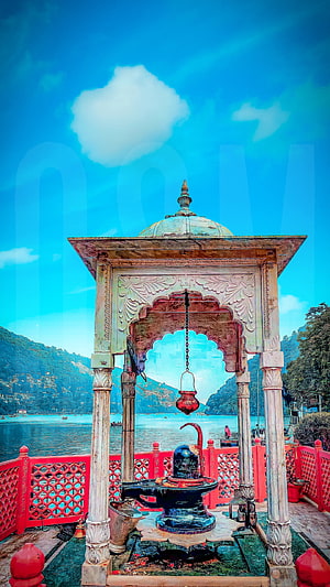 Shiva Temple Shrine at Naini Lake with Himalayan Mountain View HD phone wallpaper