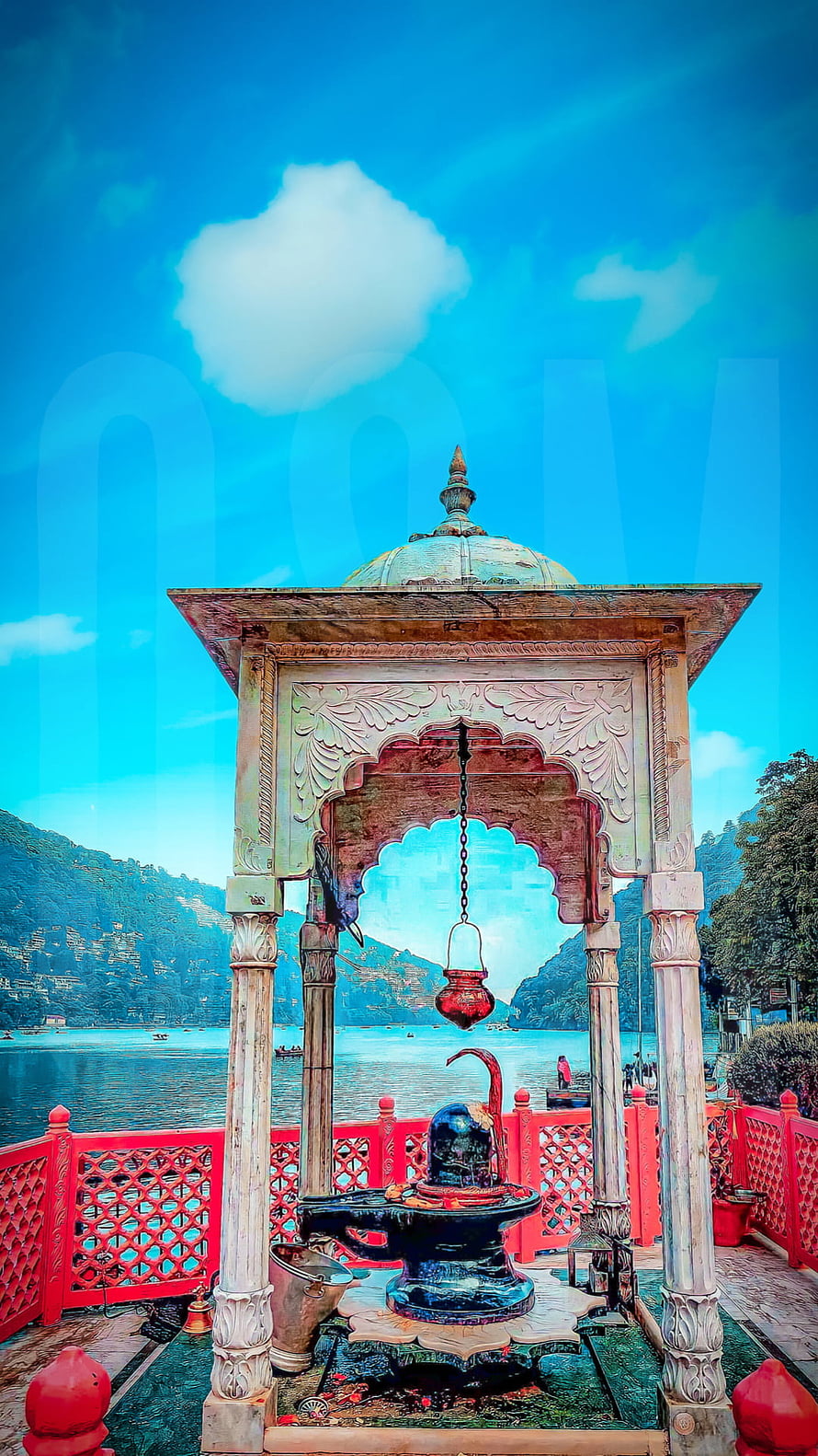 Shiva Temple Shrine at Naini Lake with Himalayan Mountain View HD phone wallpaper