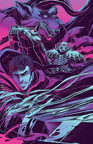 Berserk Guts and the Beast of Darkness in Vibrant Purple and Cyan Comic Art HD phone wallpaper