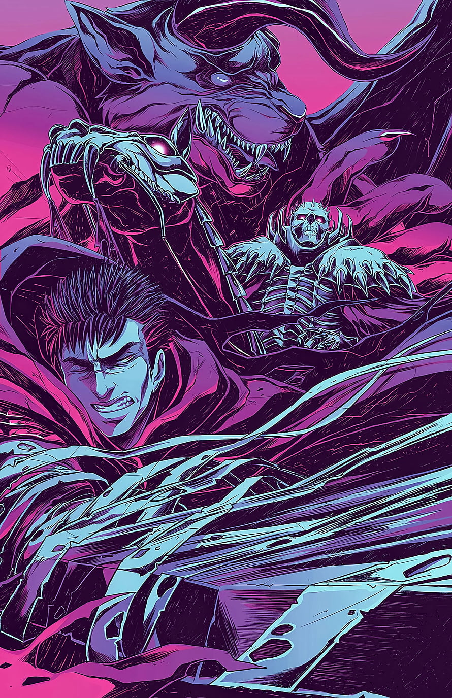 Berserk Guts and the Beast of Darkness in Vibrant Purple and Cyan Comic Art HD phone wallpaper