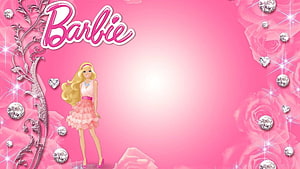 Barbie Doll Pink Floral Wallpaper with Diamonds and Roses HD wallpaper