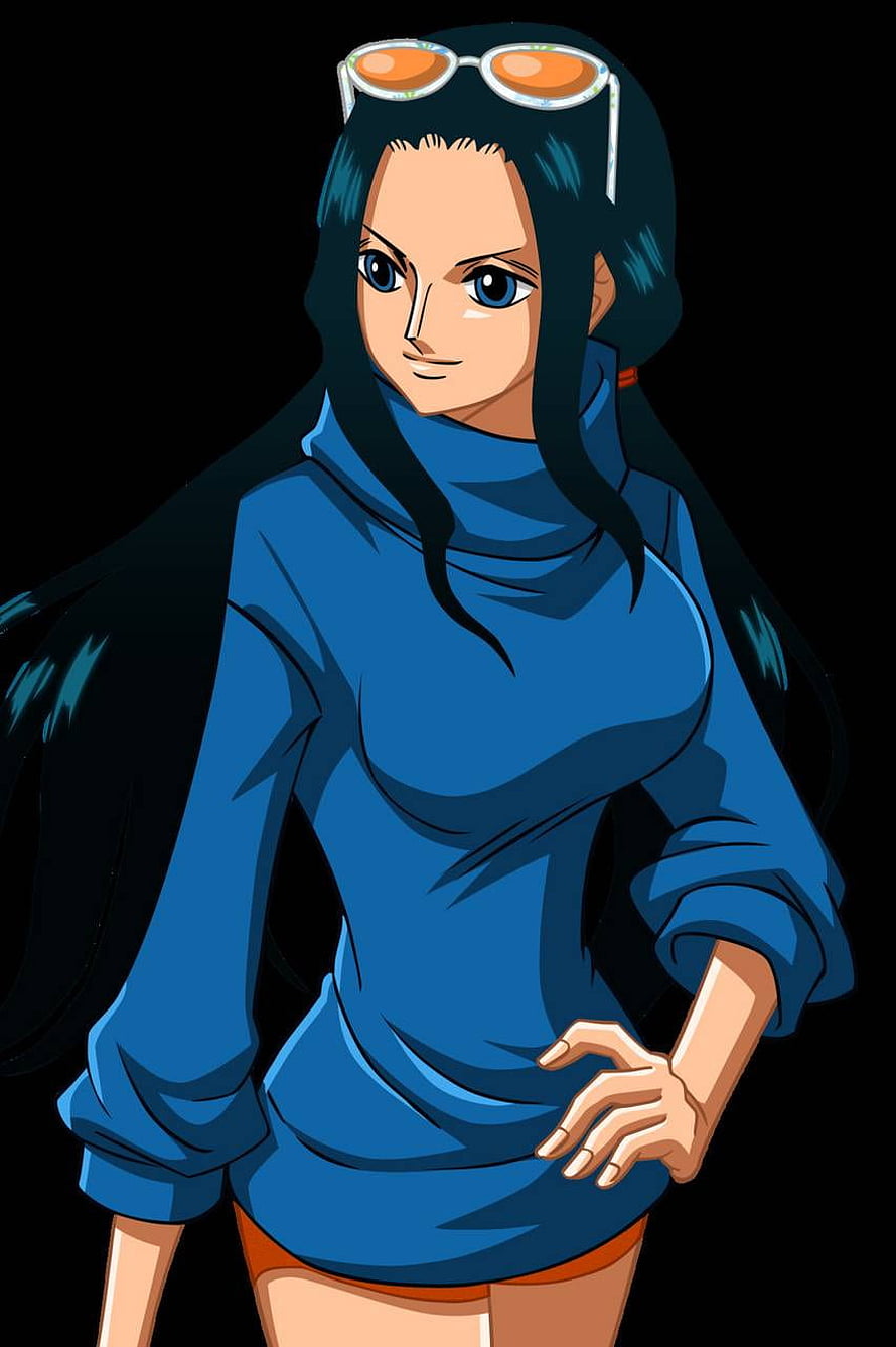 Nico Robin from One Piece in a blue turtleneck with sunglasses on her head HD phone wallpaper