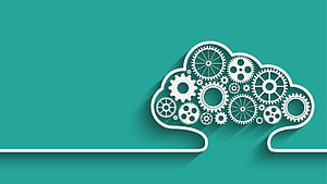 Cloud Computing Concept with Interlocking Gears Inside a Brain Outline on Teal Background HD wallpaper