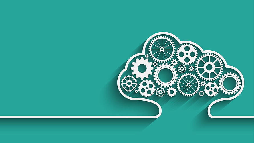 Cloud Computing Concept with Interlocking Gears Inside a Brain Outline on Teal Background HD wallpaper