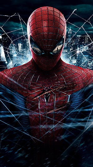Spider-Man Homecoming Suit Close-Up With City Skyline Background, The Amazing Spider-Man (2022) movie HD phone wallpaper