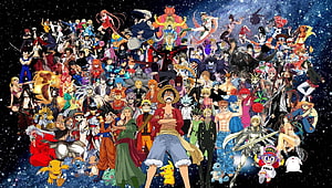 Massive Anime Character Collage Featuring Luffy, Goku, Pikachu, and Naruto Against a Starry Sky HD wallpaper